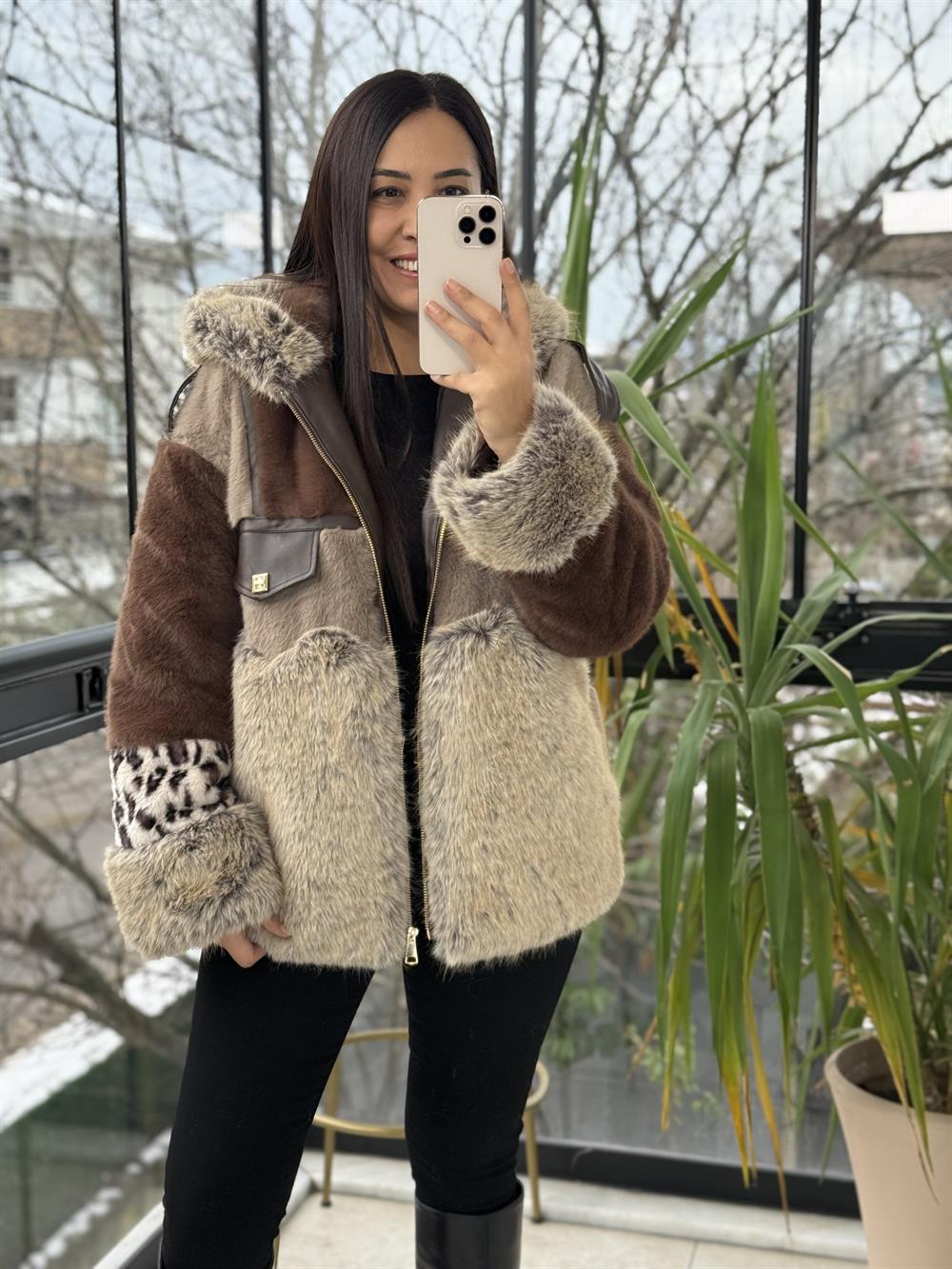 İthal Parçalı Tasarım Kürk Mont Kahve