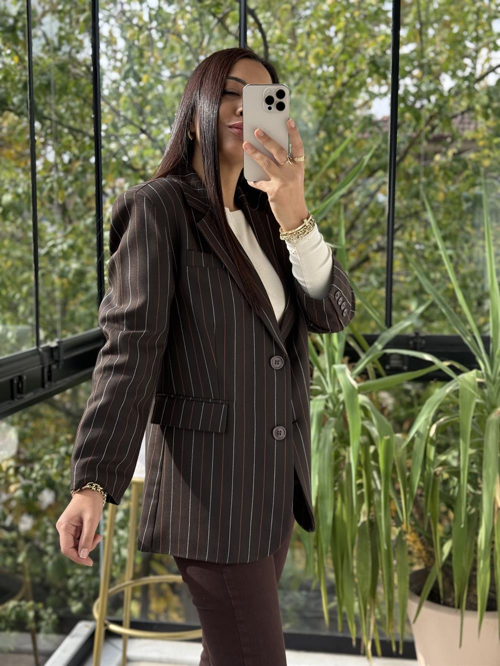 İki Düğmeli Çizgili Yün Blazer Ceket Kahve