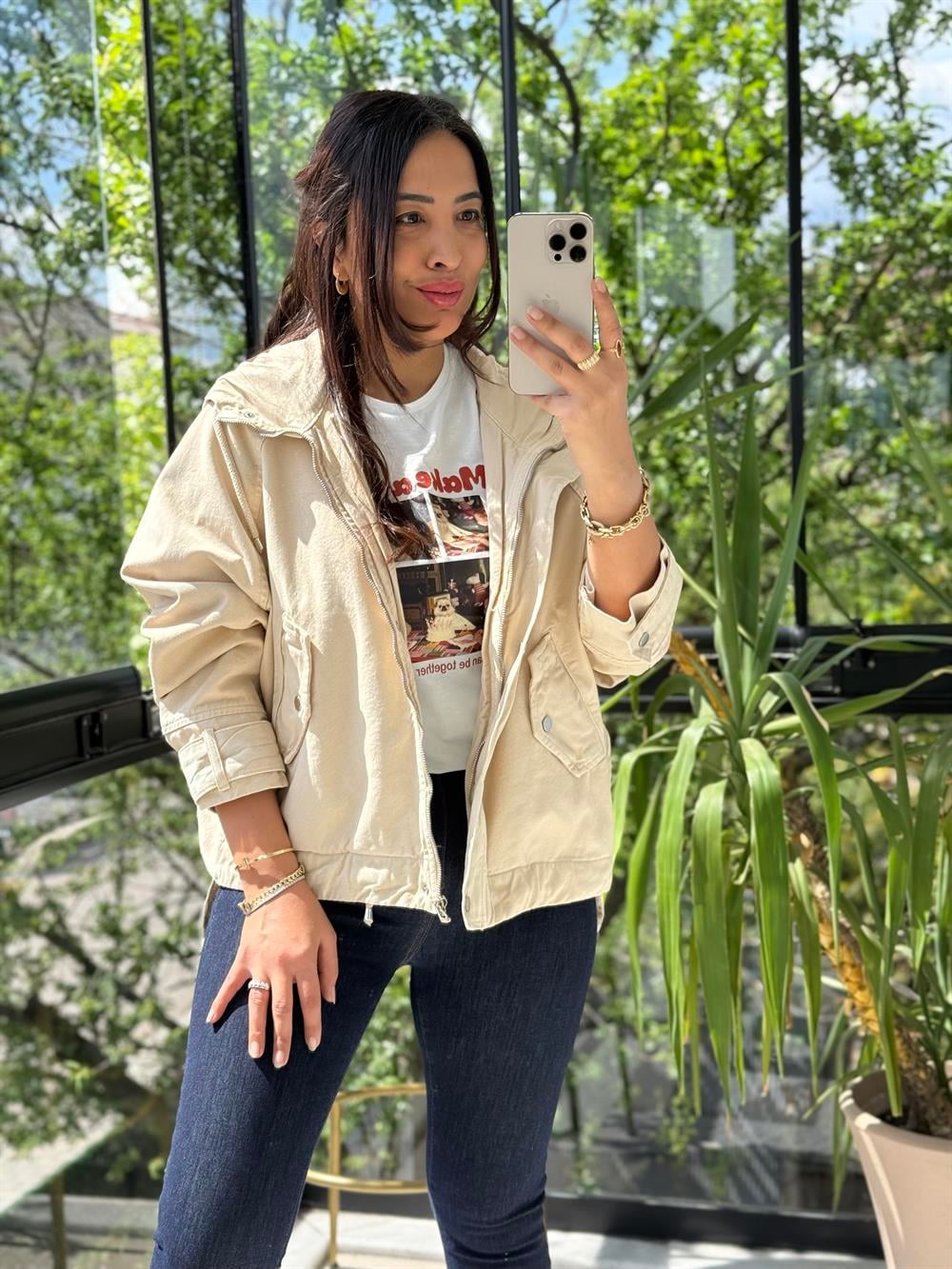 Oversize Kapuşonlu Ceket Taş