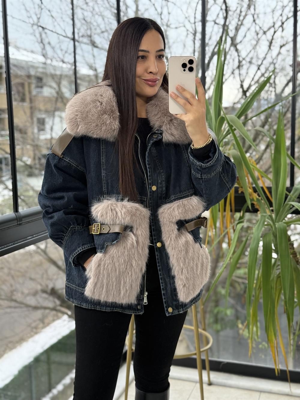 İthal Cebi Ve Yakası Kürk Kot Mont Lacivert