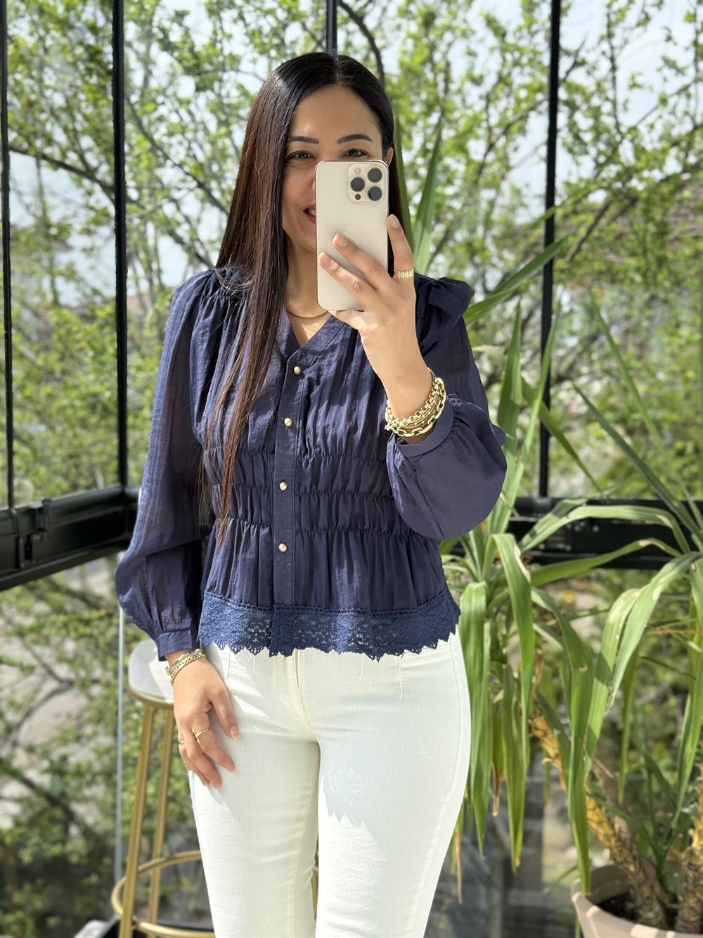 Dantel Rüya Gömlek Bluz Lacivert