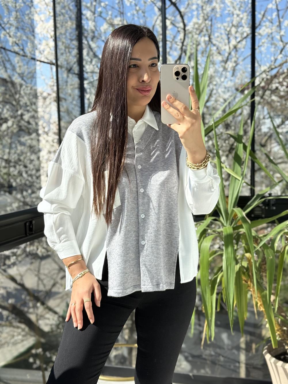 Örme Mix Tensel Gömlek Beyaz