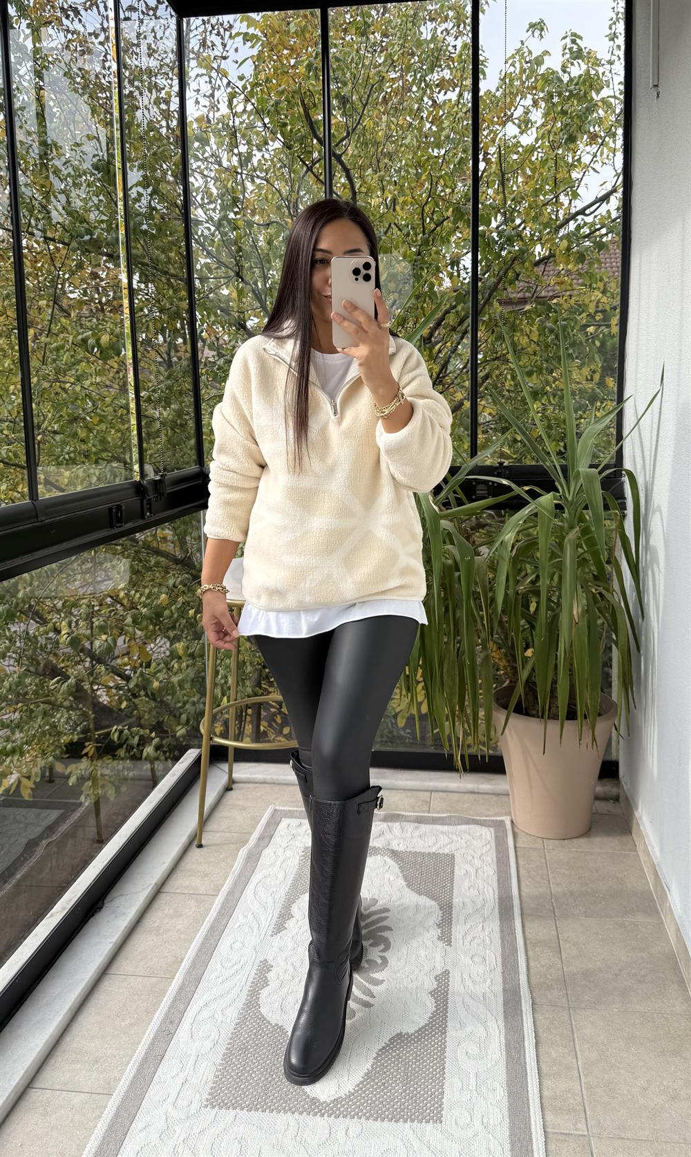 Desenli Fermuarlı Polar Sweat Bej