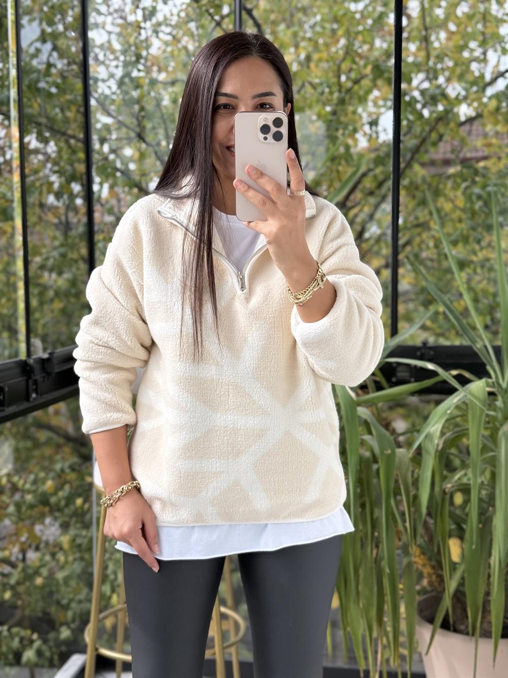 Desenli Fermuarlı Polar Sweat Bej