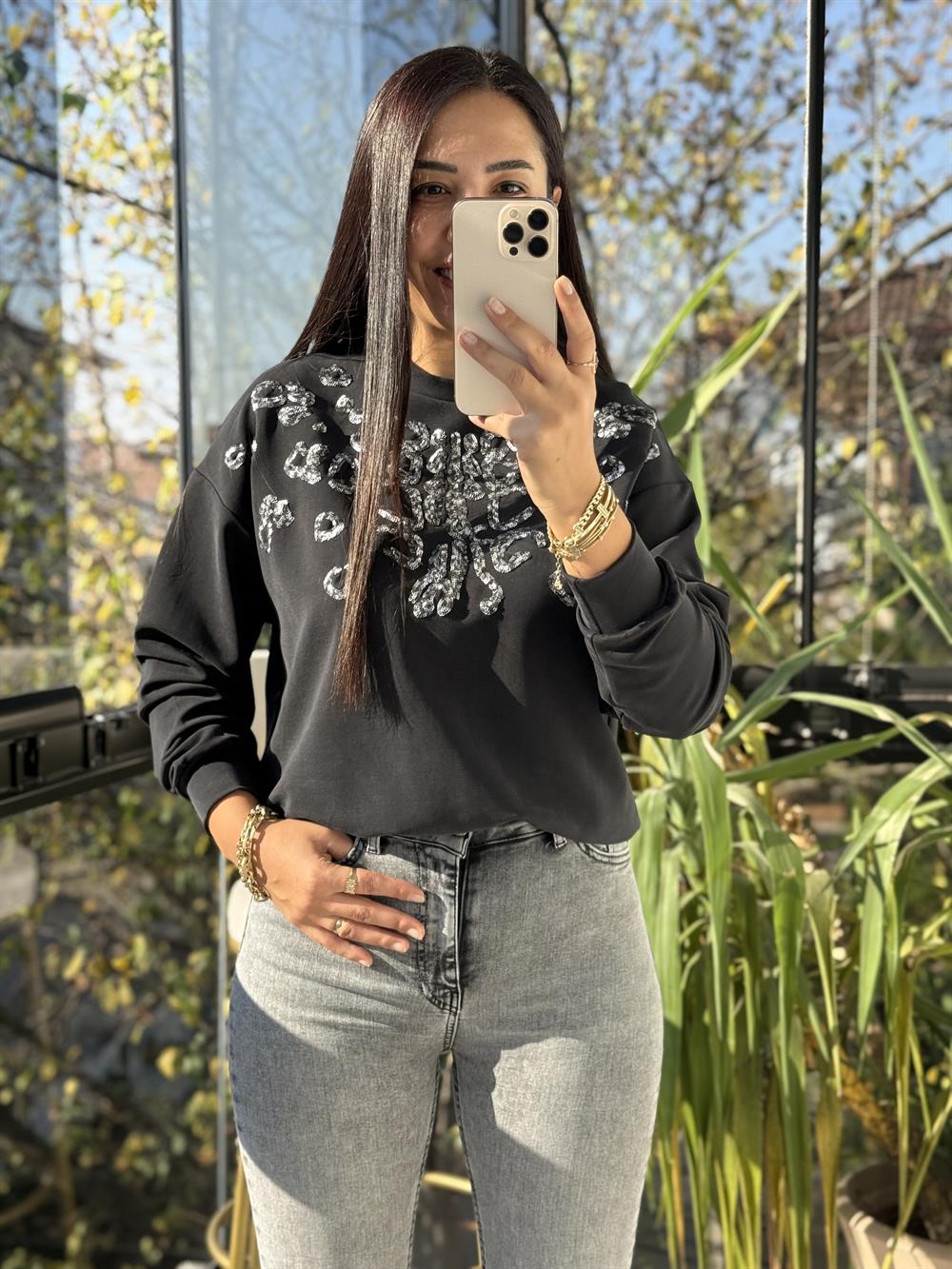 Payetli Modal Sweatshirt Antrasit