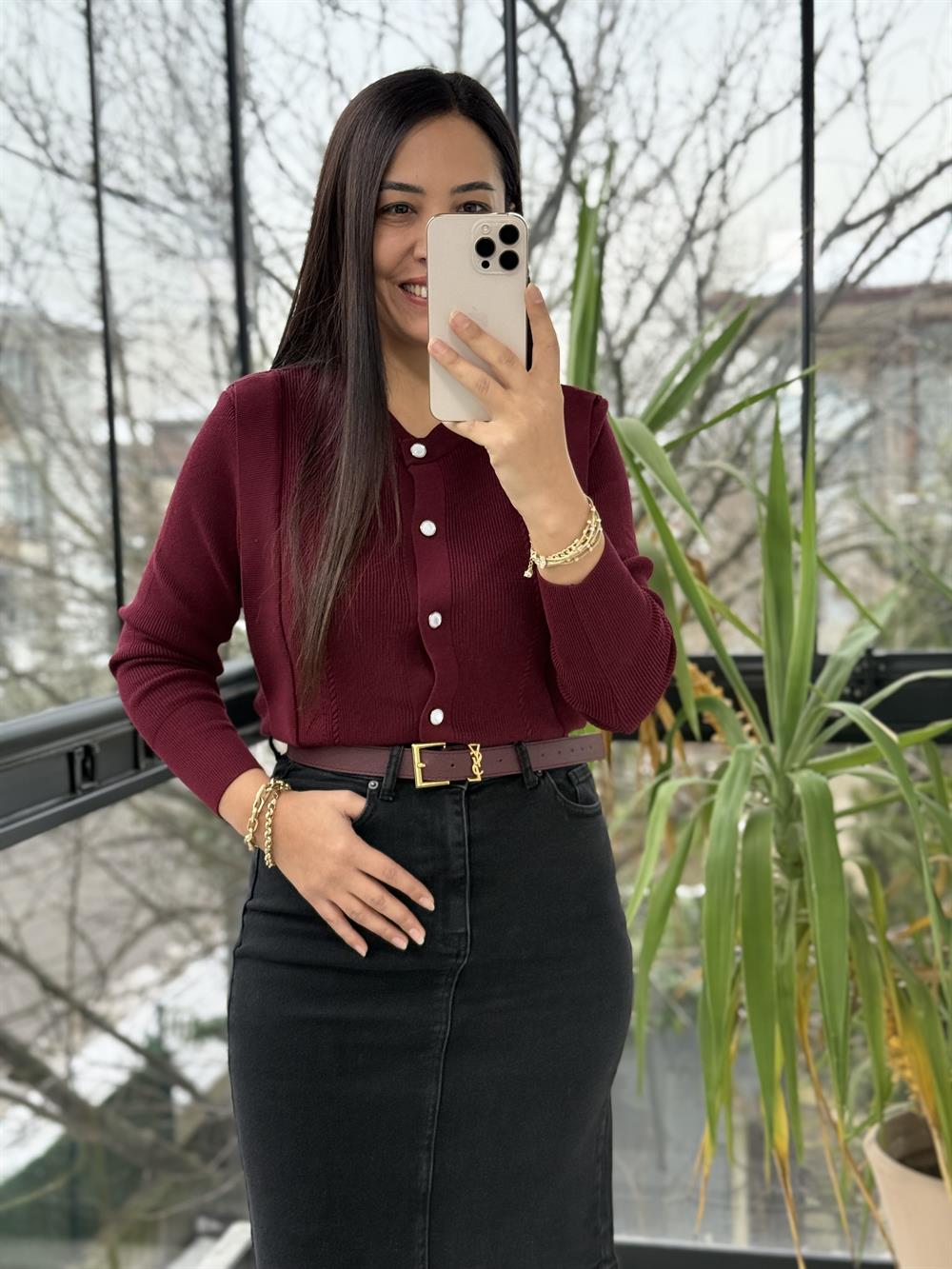 Triko Detaylı Bluz Bordo