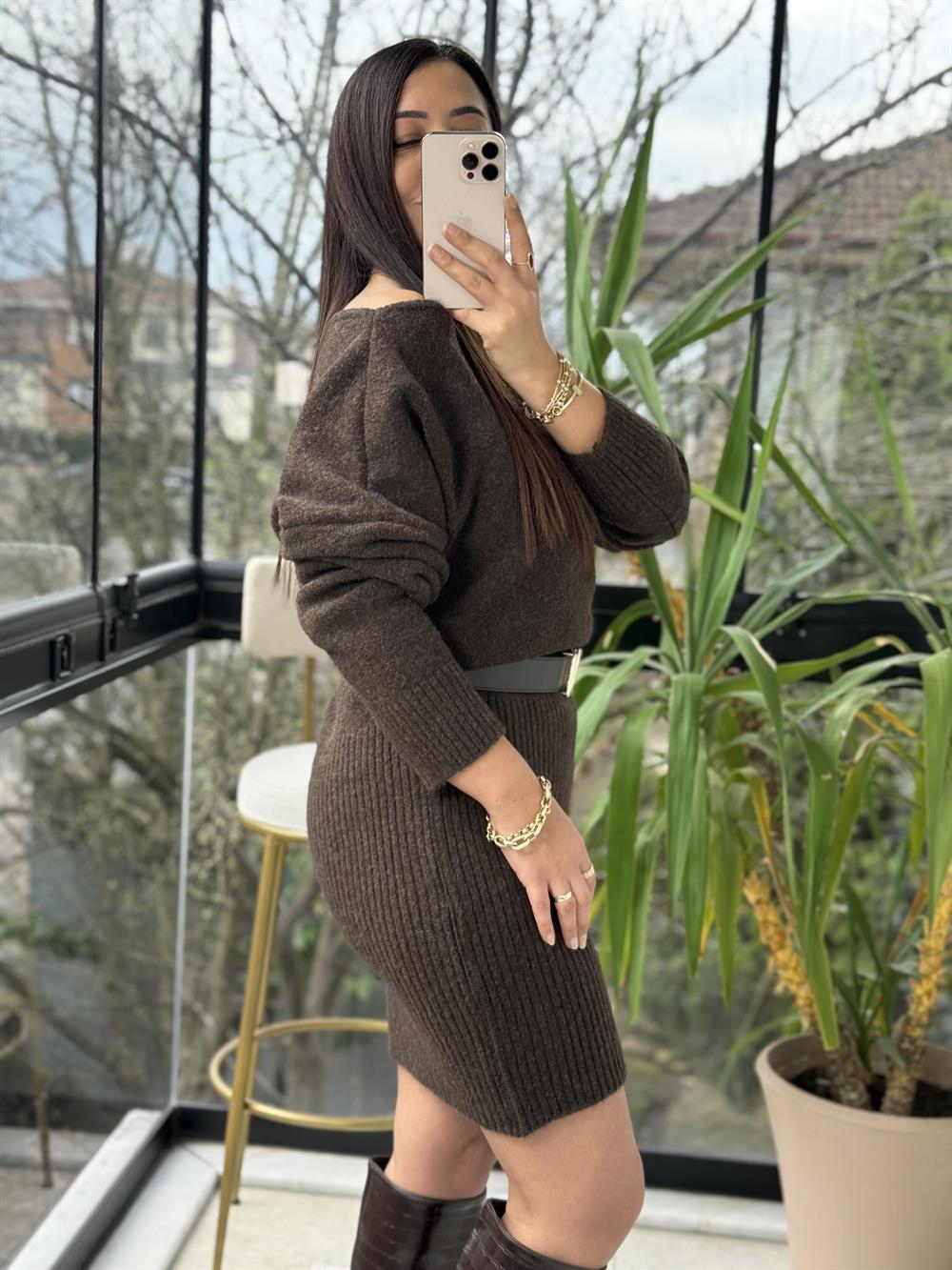 Kısa Kazak Elbise Kahve