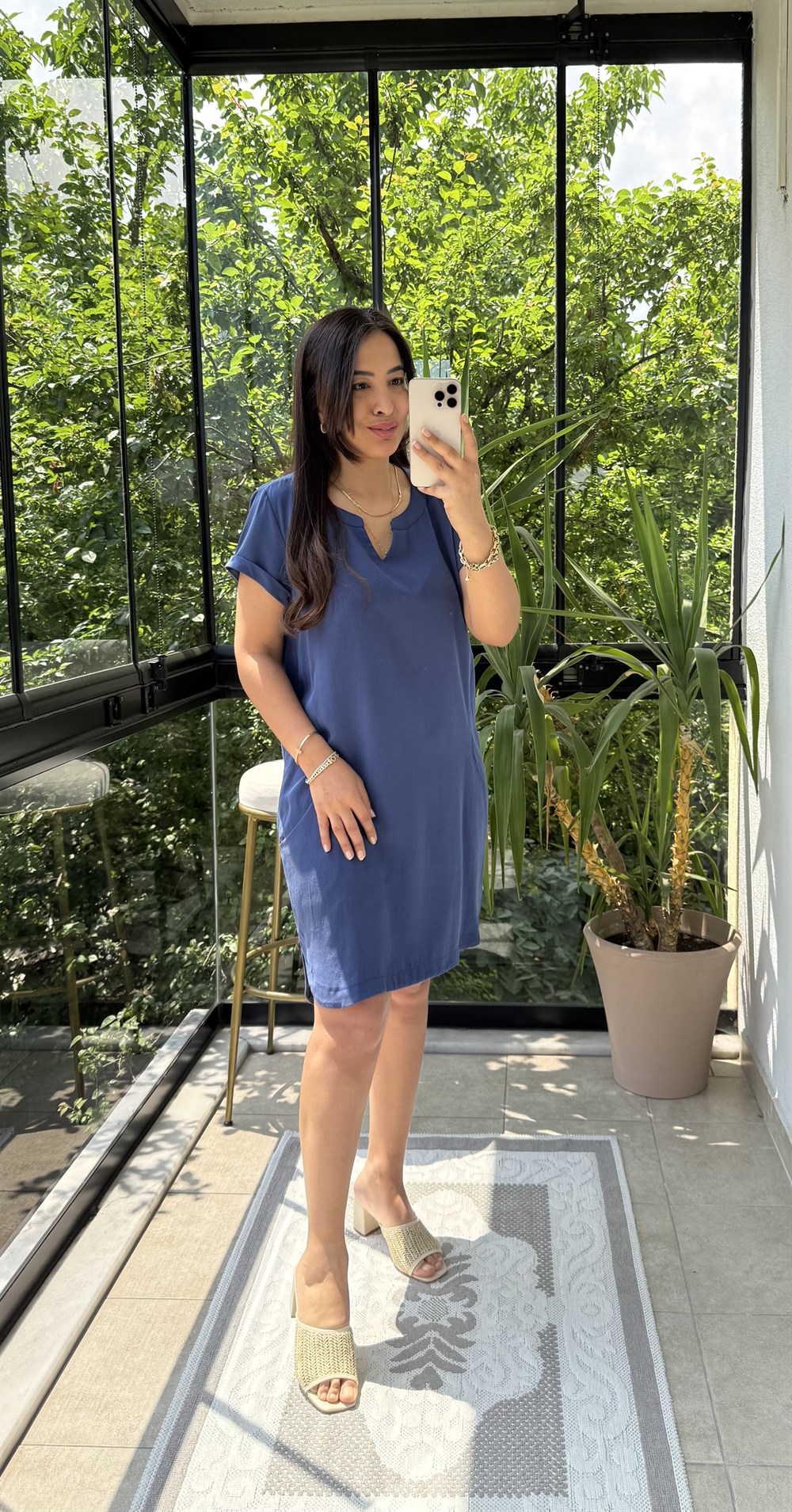 V Yaka Tensel Elbise İndigo Mavi