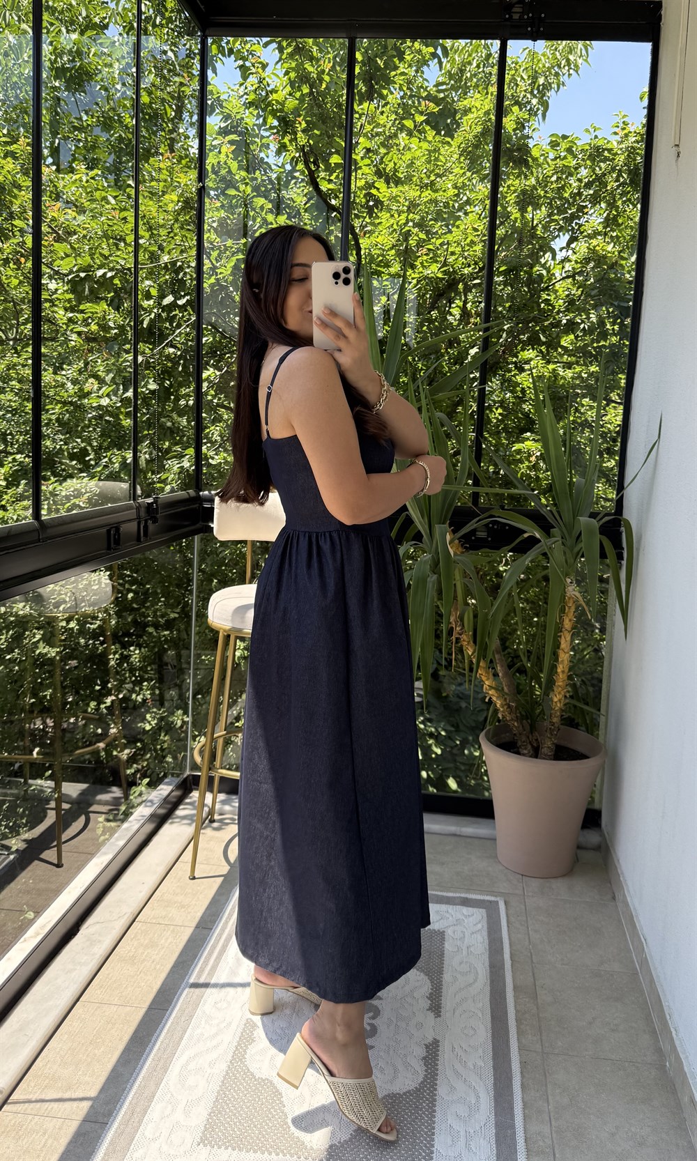 Askılı Prenses Denim Elbise Slaplı Lacivert