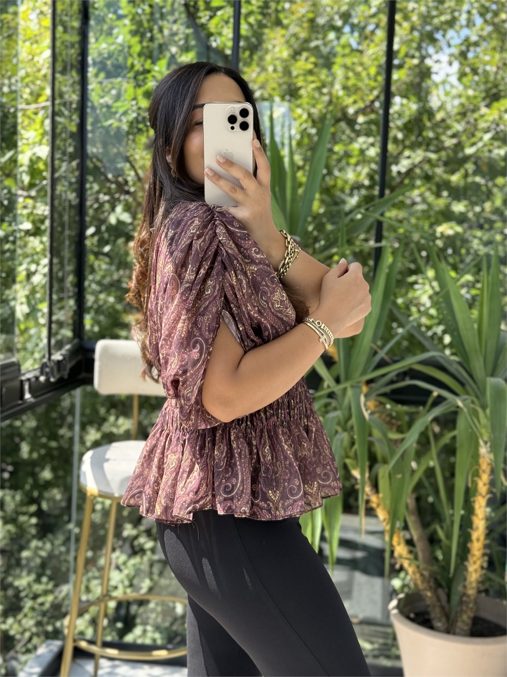 Beli Lastikli Şal Desen Bluz Bordo