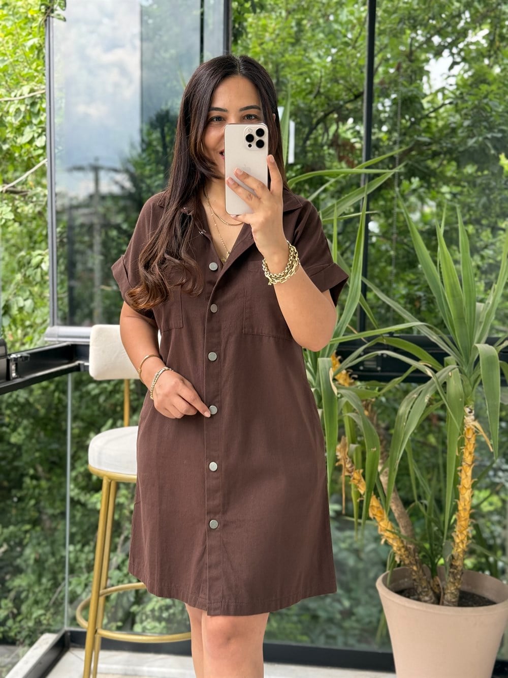 Gabardin Gömlek Yaka Elbise Kahve