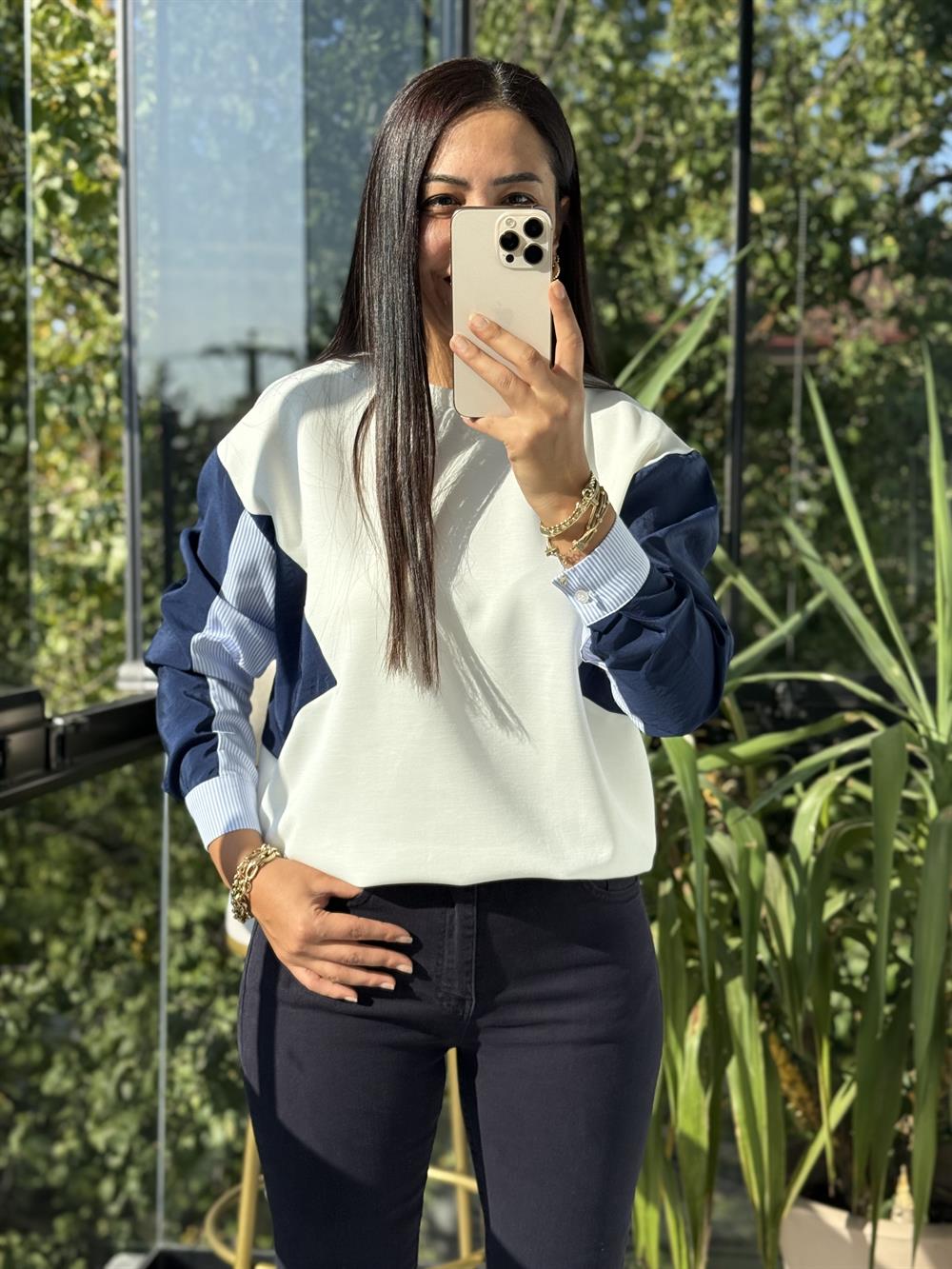 Colourblock Kol Sweatshirt Beyaz