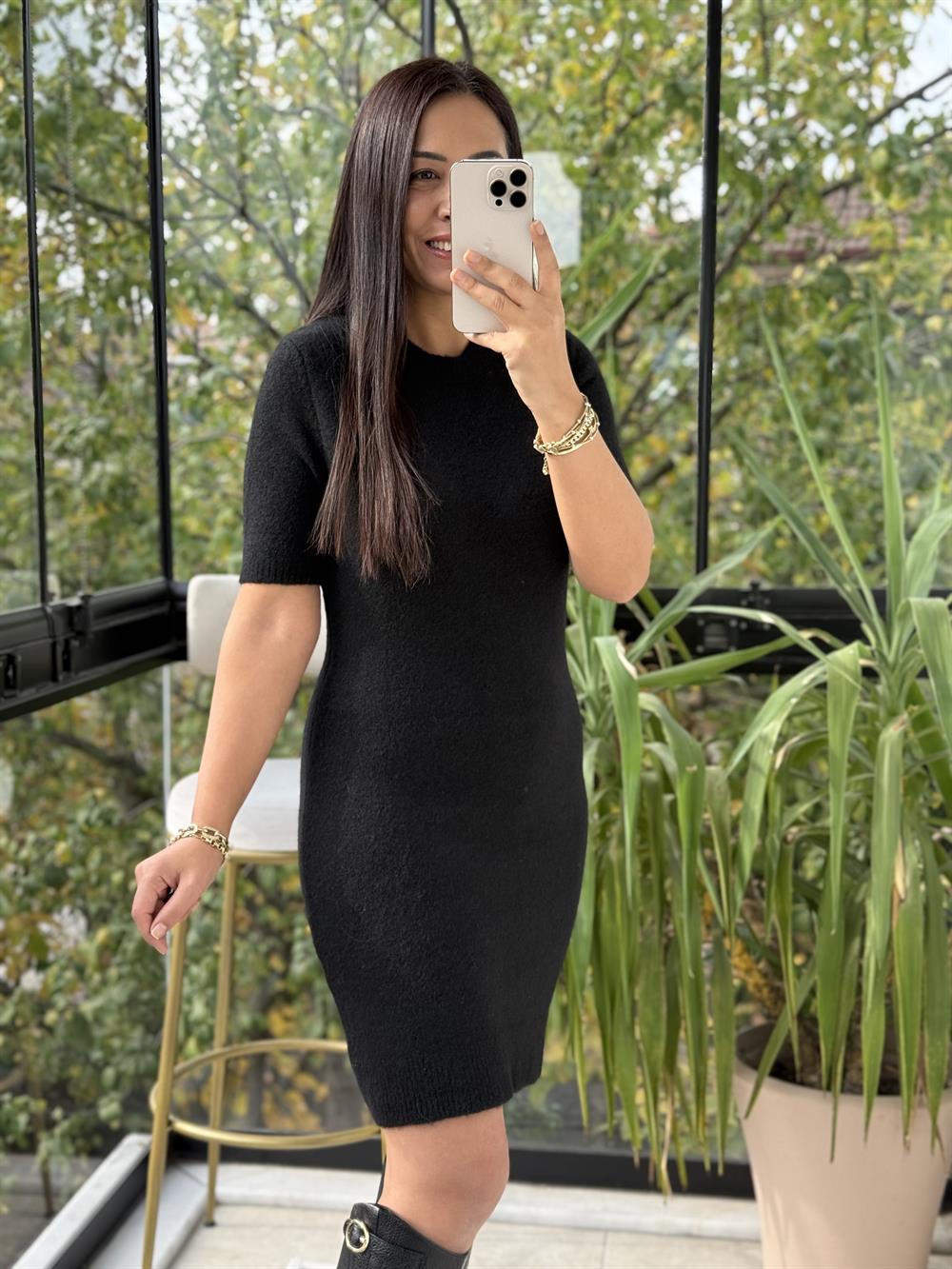 Dilvin Yumuşak Dokulu Kısa Kol Triko Elbise Siyah