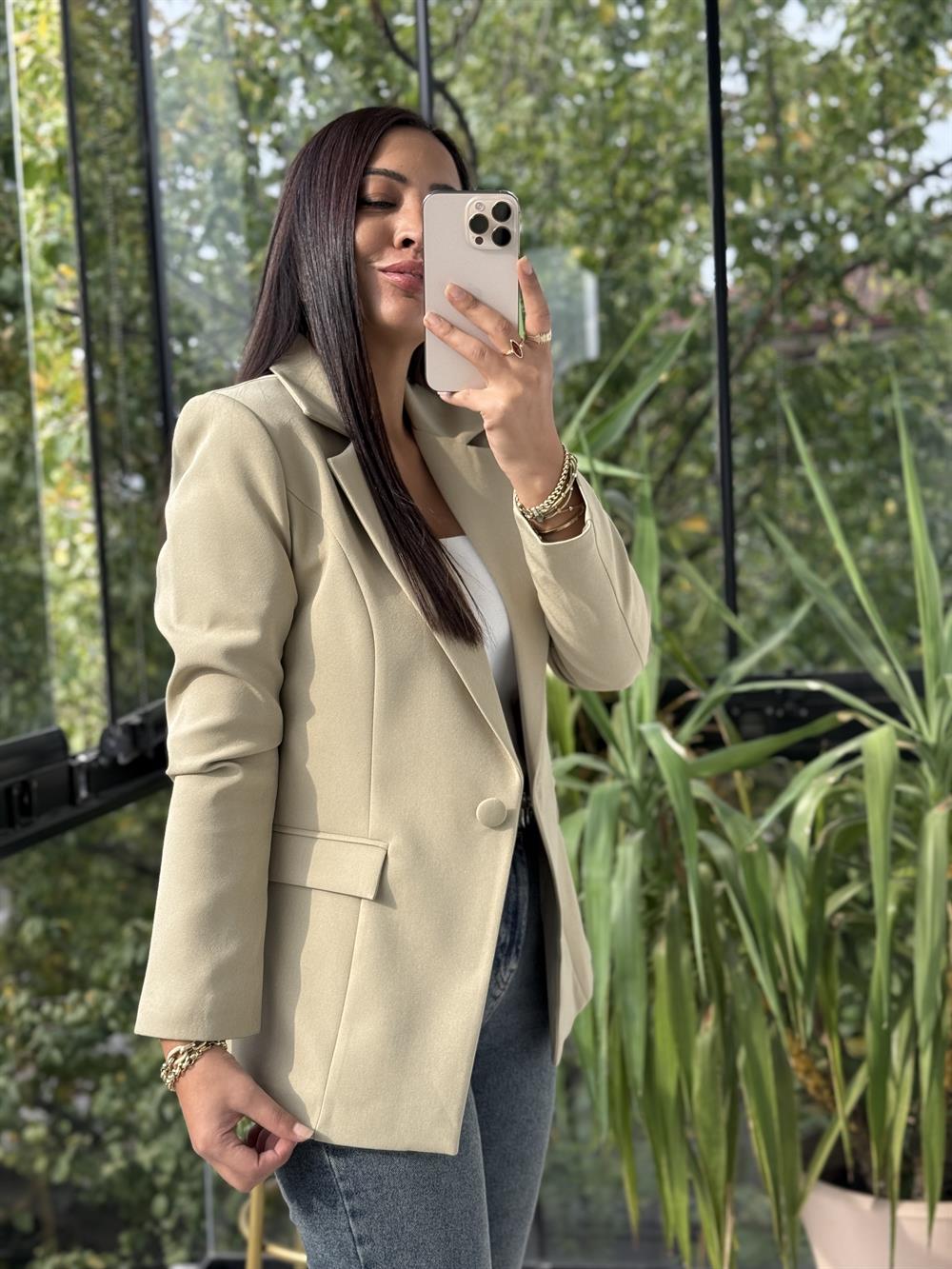 Tek Düğme Blazer Ceket Haki Yeşili