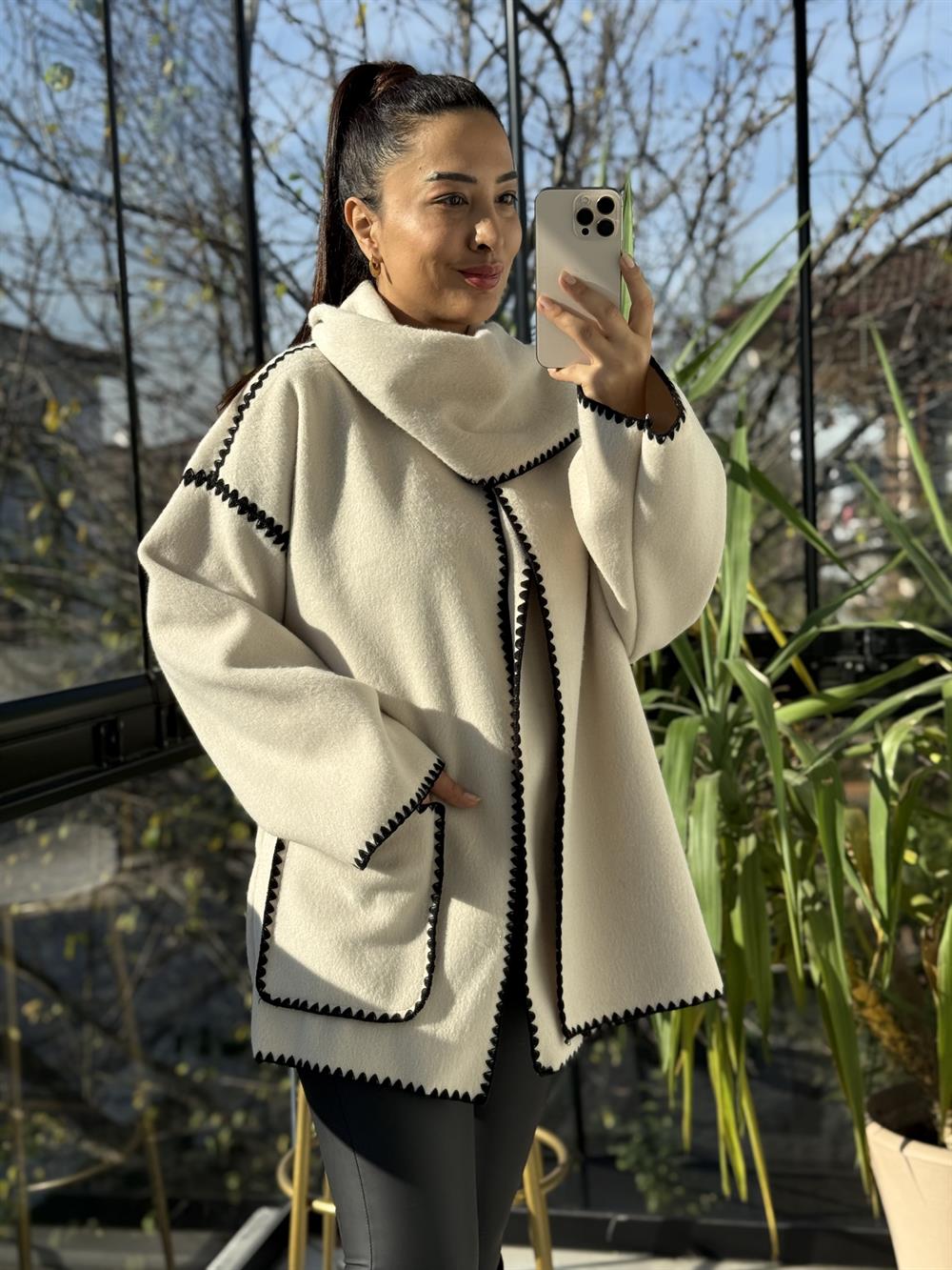 Şal Yaka Kaşe Kimono Ceket Bej