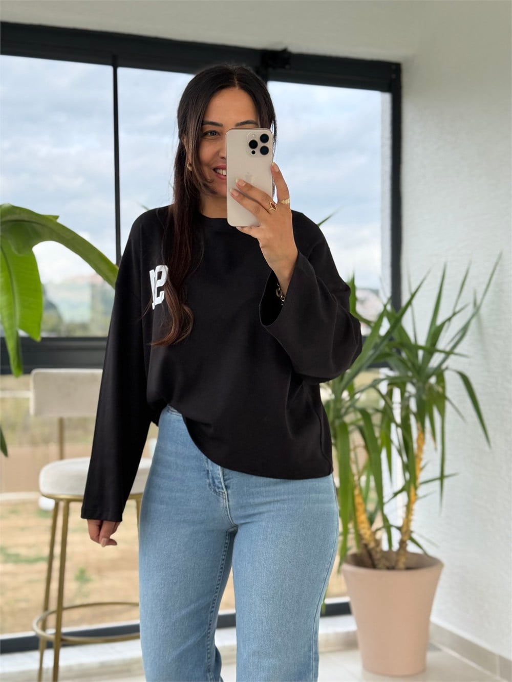 91 Baskılı Basic Sweatshirt Siyah