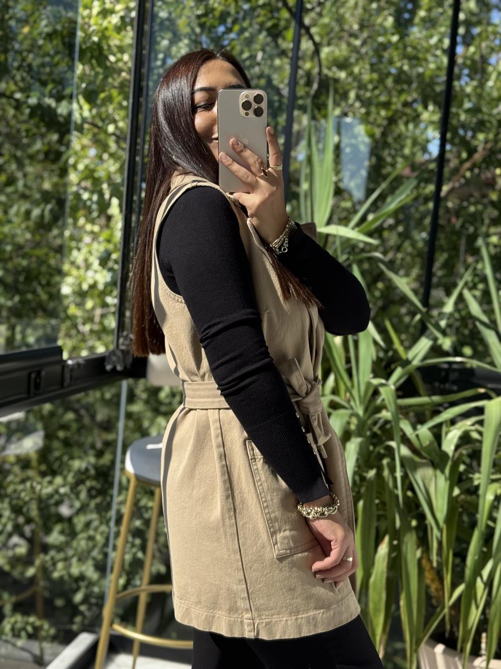 Kuşaklı Kruvaze Yaka Yelek Camel