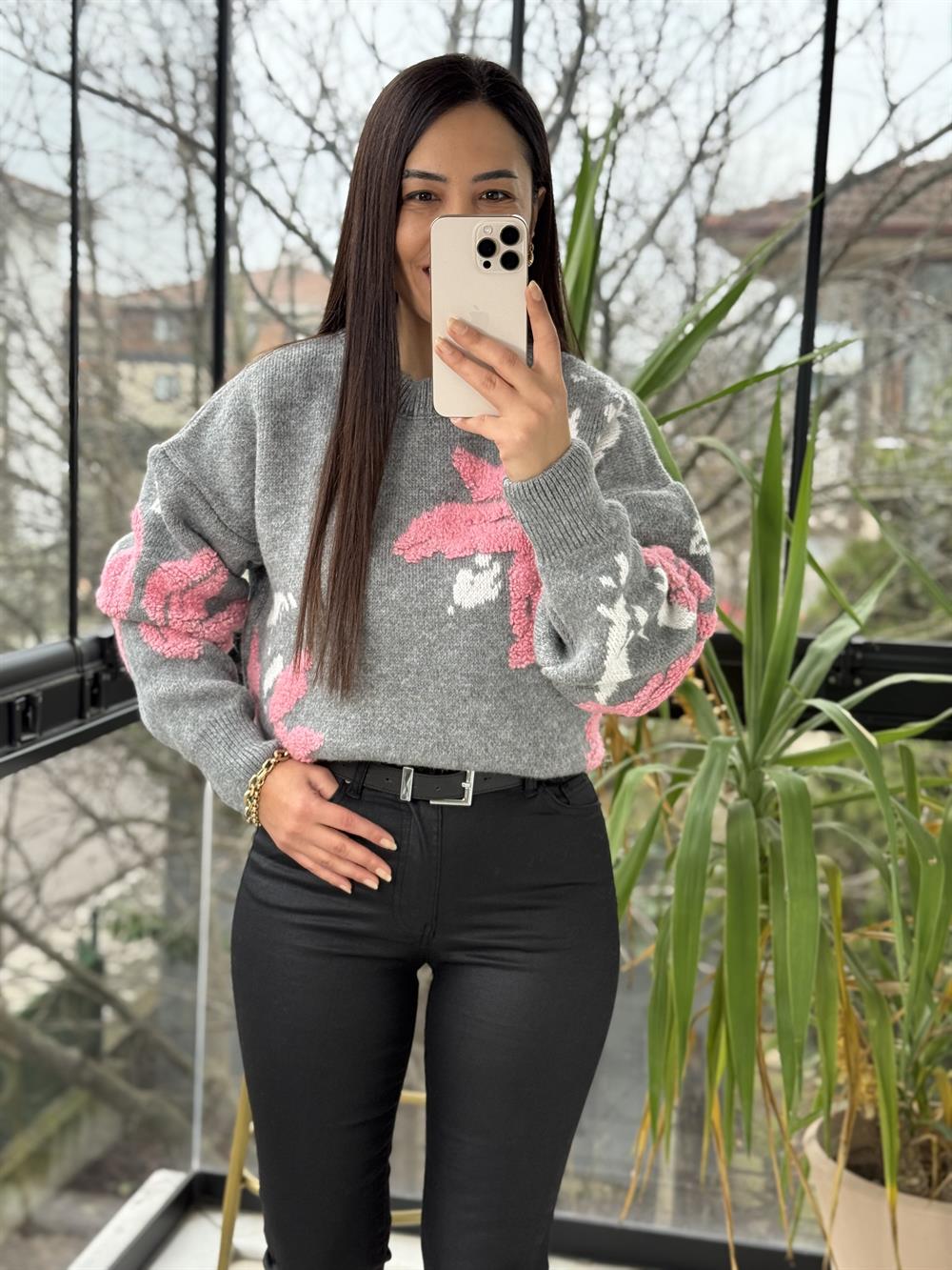 Çiçek Nakışlı Kazak Pembe