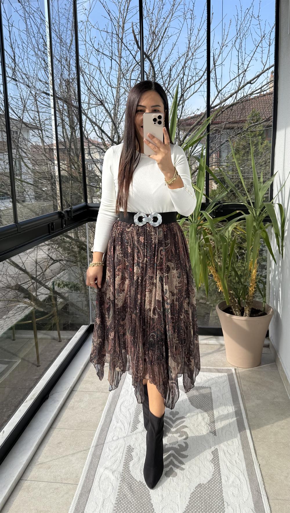 Etnik Desen Asimetrik Kesim Etek Haki Yeşili