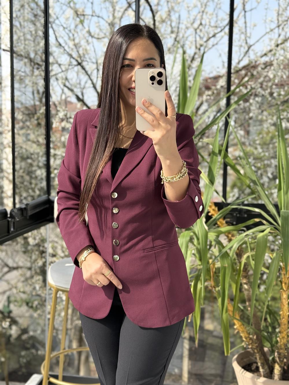 Beş Düğme Slimfit Blazer Ceket Bordo