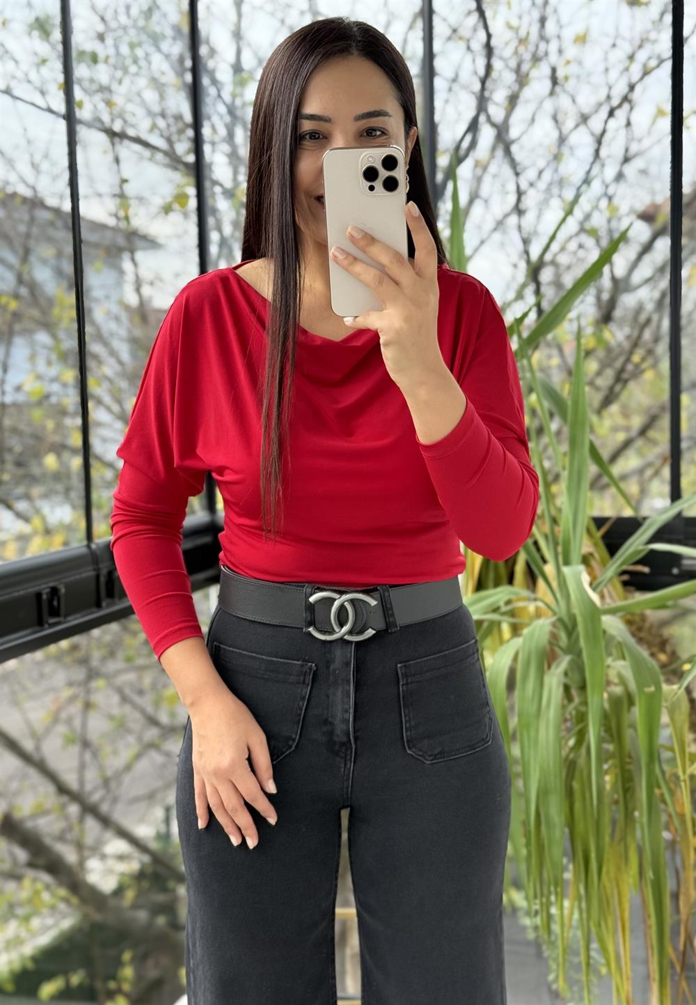 Sandy Kayık Yaka Bluz Kırmızı