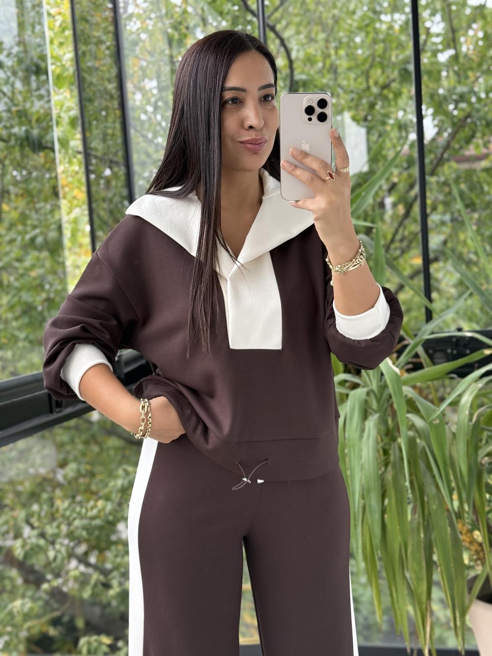 Şal Yakalı Modal Takım Kahve