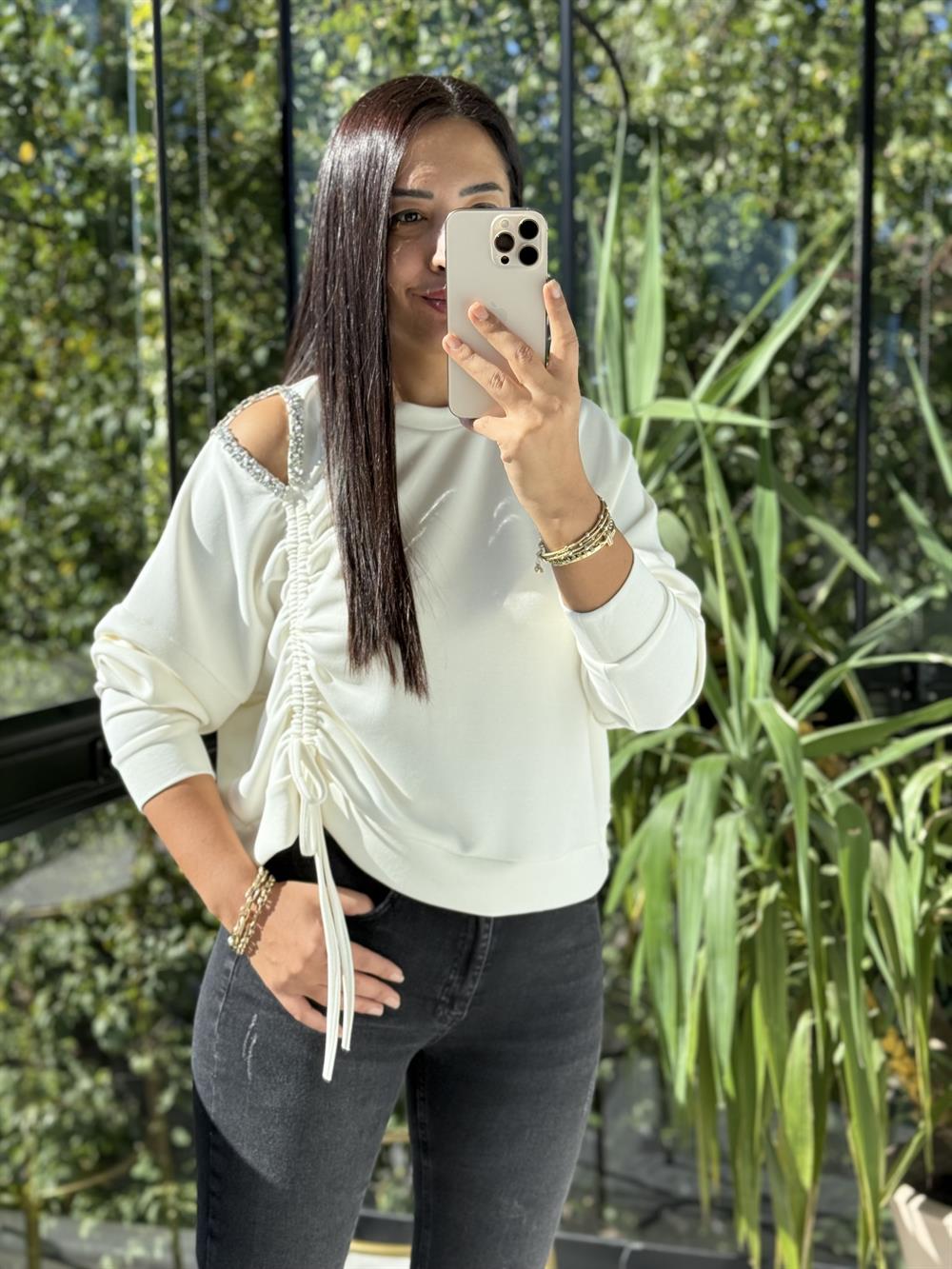 Taş Detay Kordonlu Modal Sweatshirt Ekru