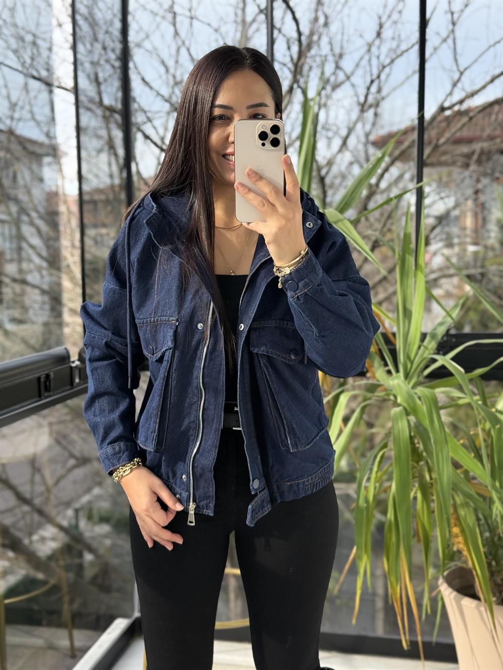 Kapüşonlu Kot Ceket Lacivert