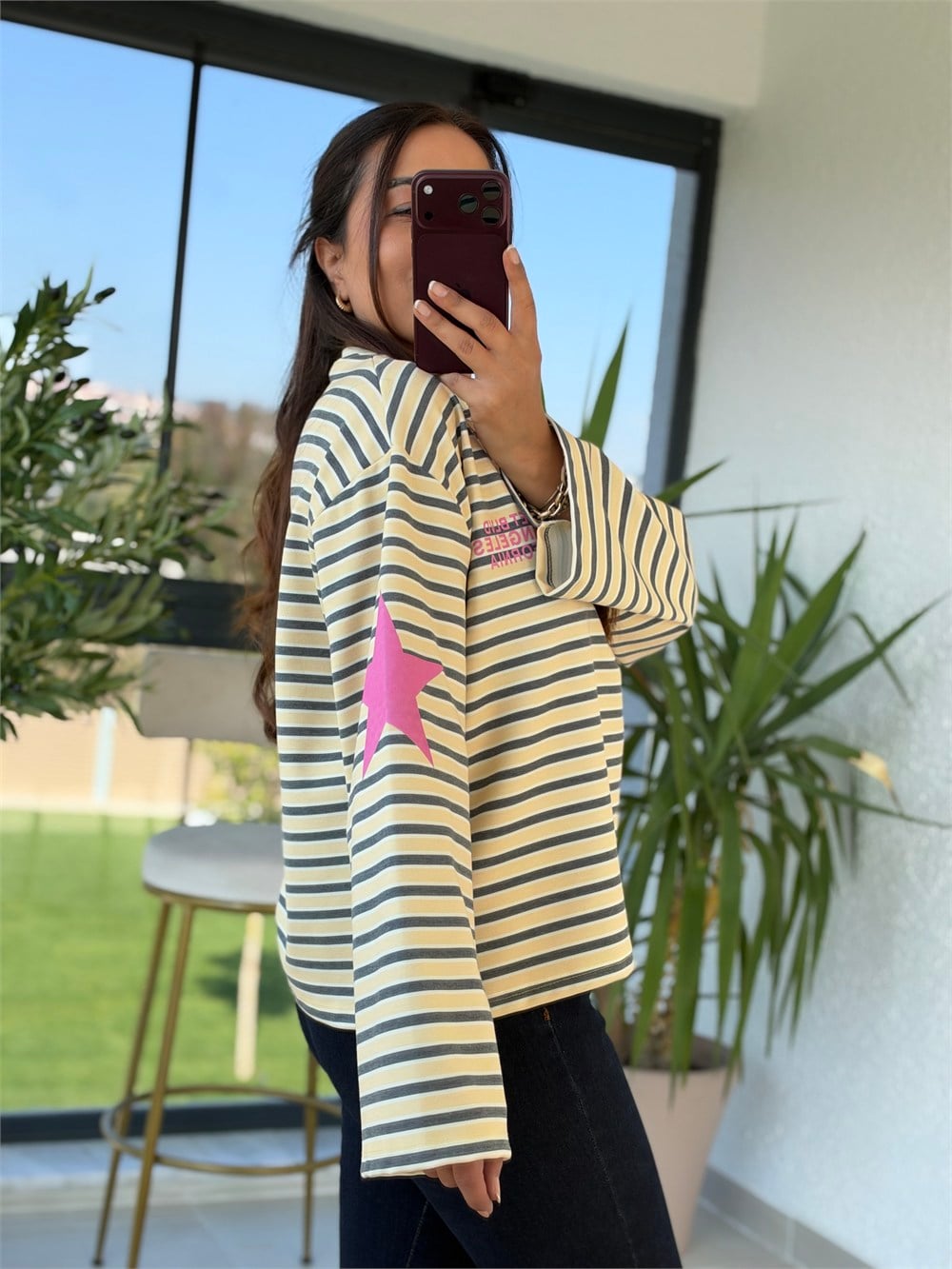 Sunset Çizgili Sweatshirt Sarı