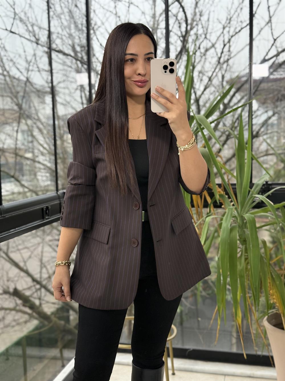 Çizgili Bezayağı Blazer Ceket Kahve