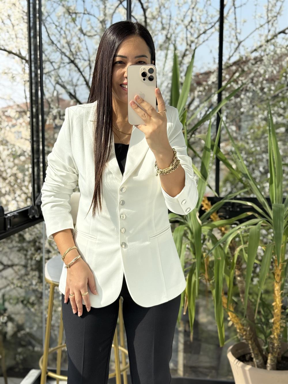 Beş Düğme Slimfit Blazer Ceket Beyaz