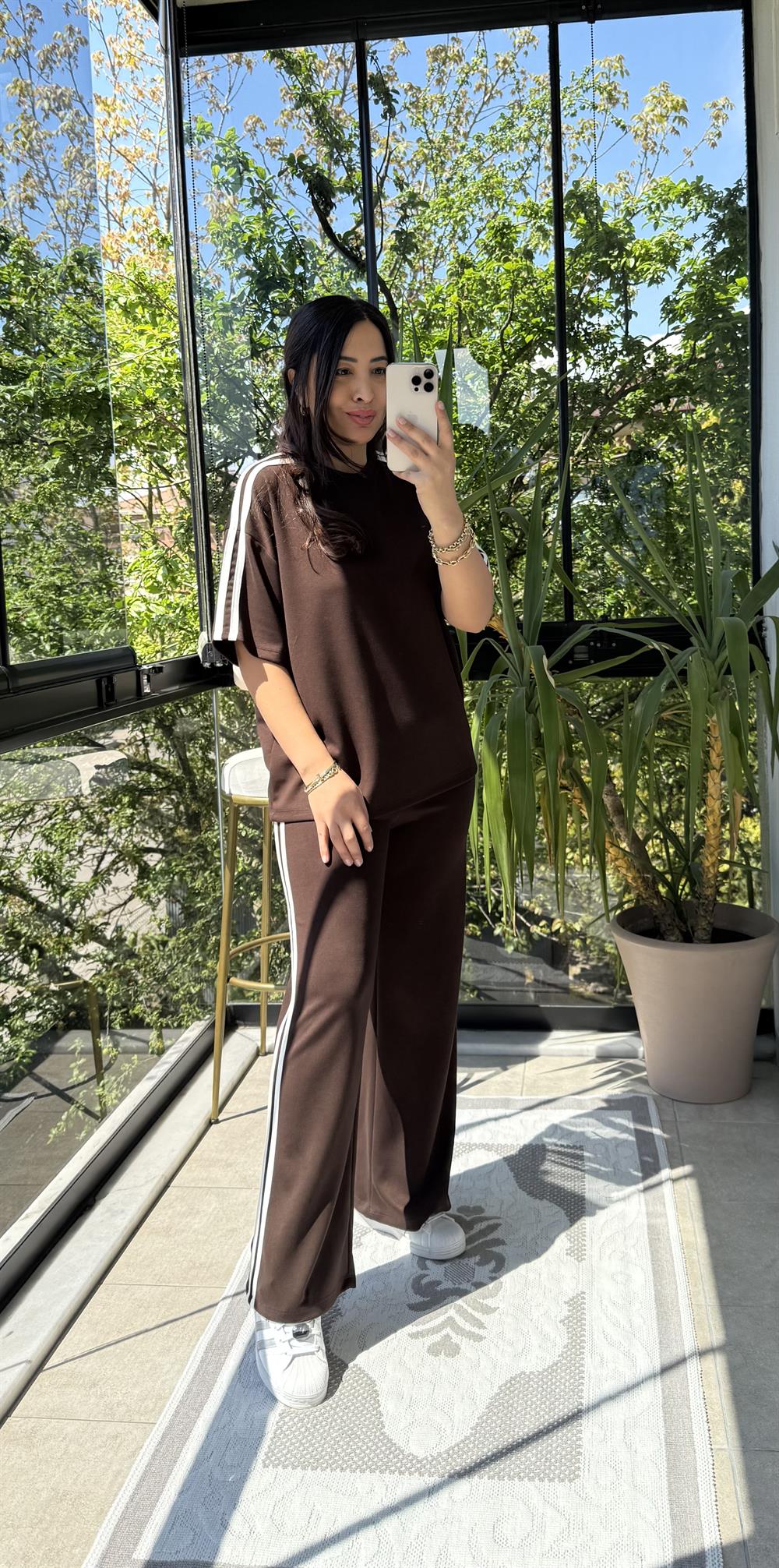 Şerit Detaylı Cool Takım Kahve