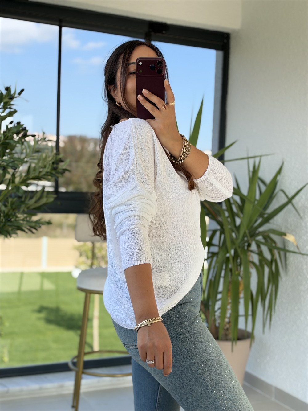 Kayık Yaka İnce Triko Ekru
