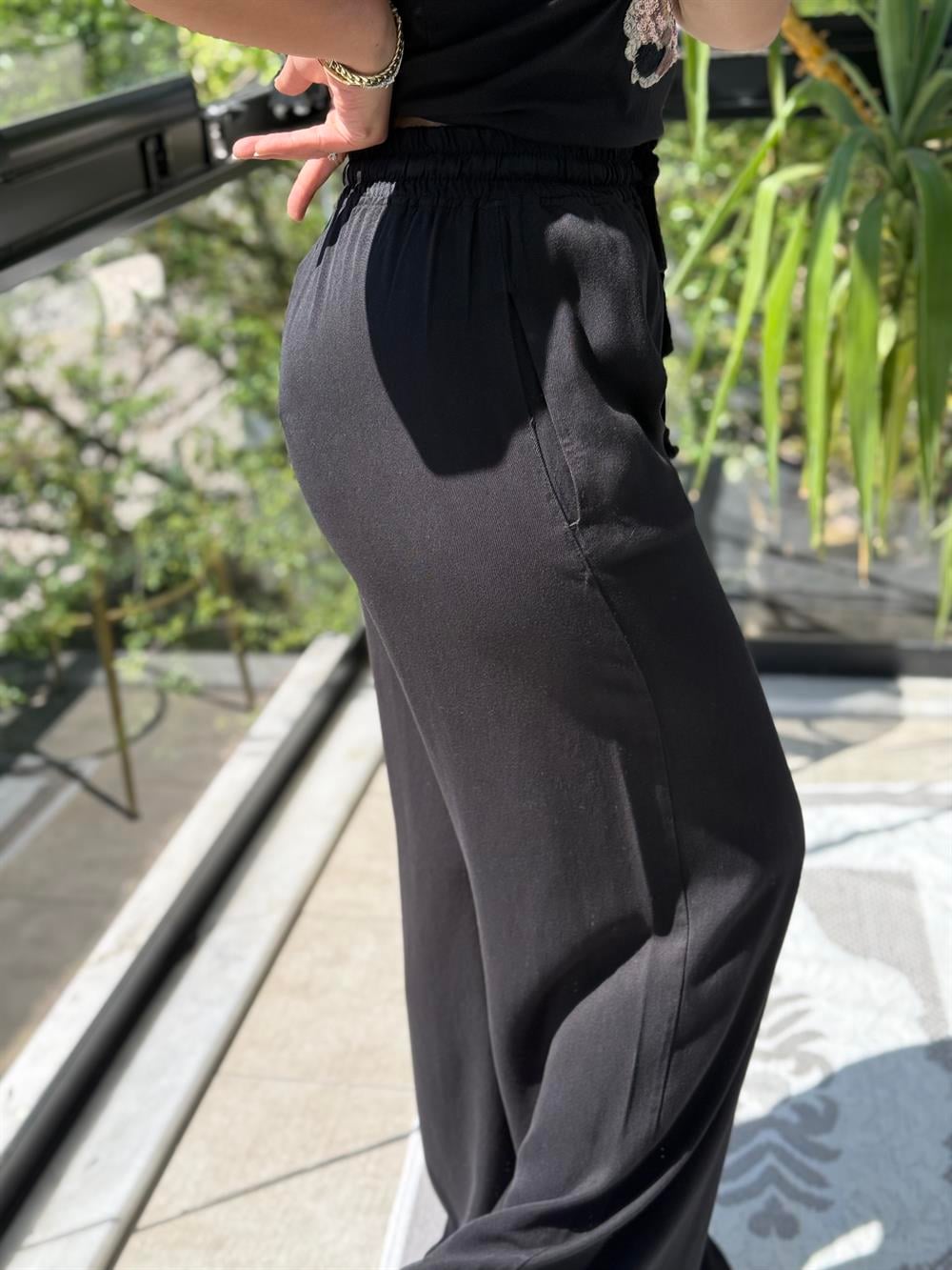 Lastikli Palazzo Pantolon Siyah