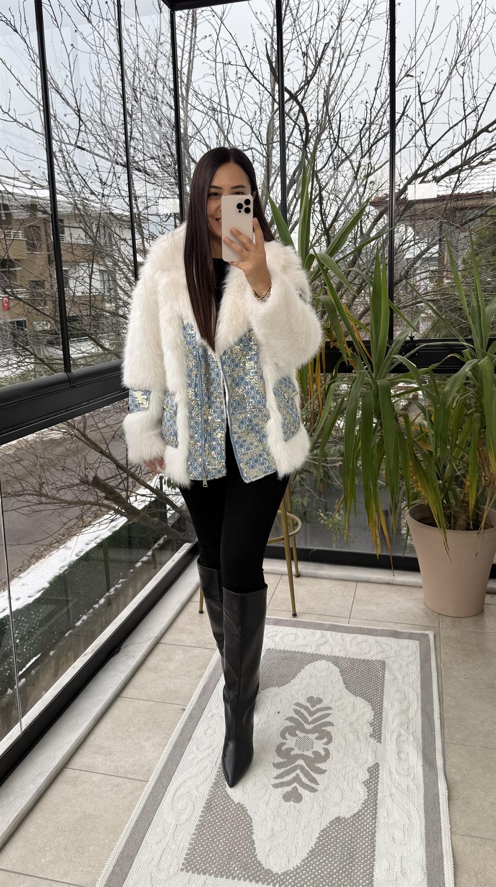 İthal Kruvaze Fermuarlı Payetli Kürk Beyaz