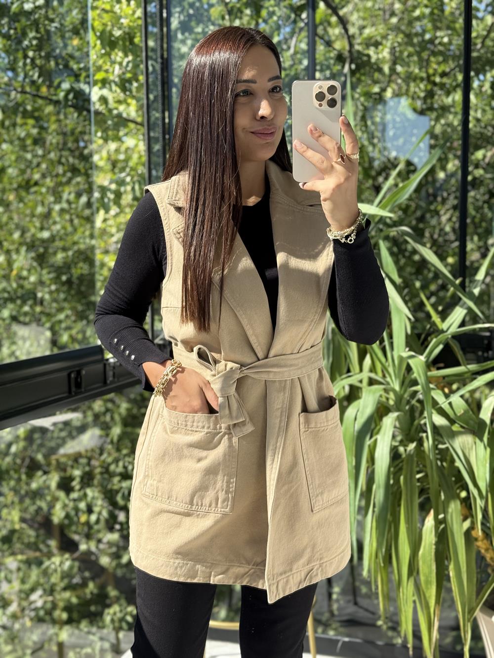 Kuşaklı Kruvaze Yaka Yelek Camel