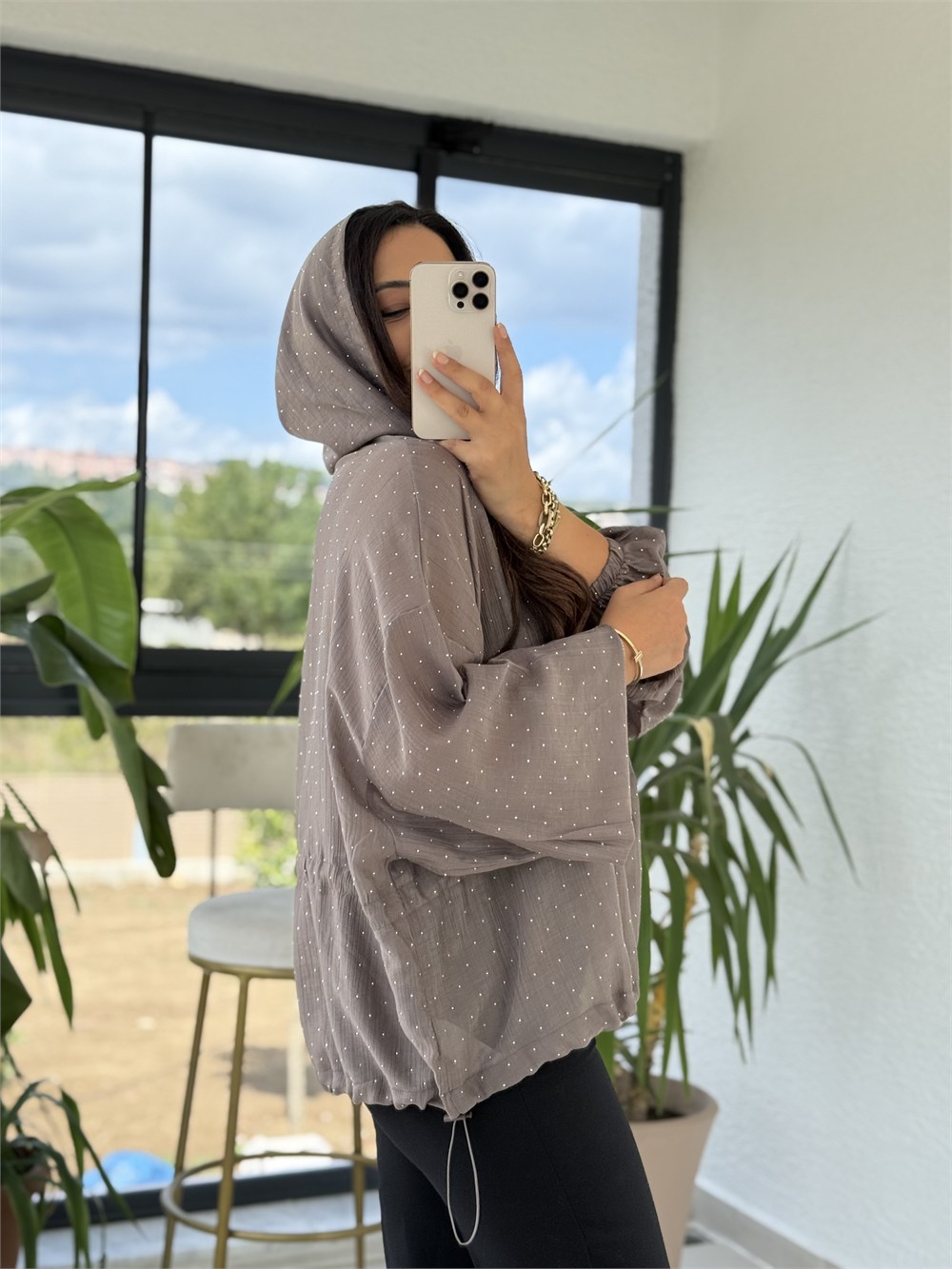 Taşlı Ve Beli Büzgülü Ceket Vizon