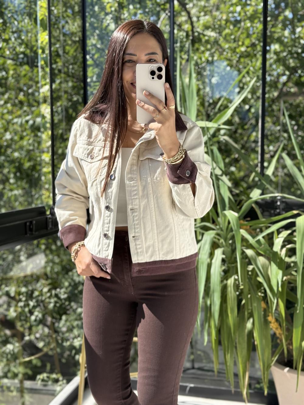 Kadife Detaylı Klasik Kot Ceket Taş