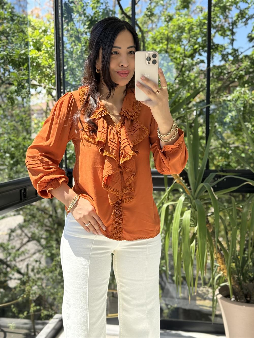 Önü Fırfırlı Bluz Kiremit