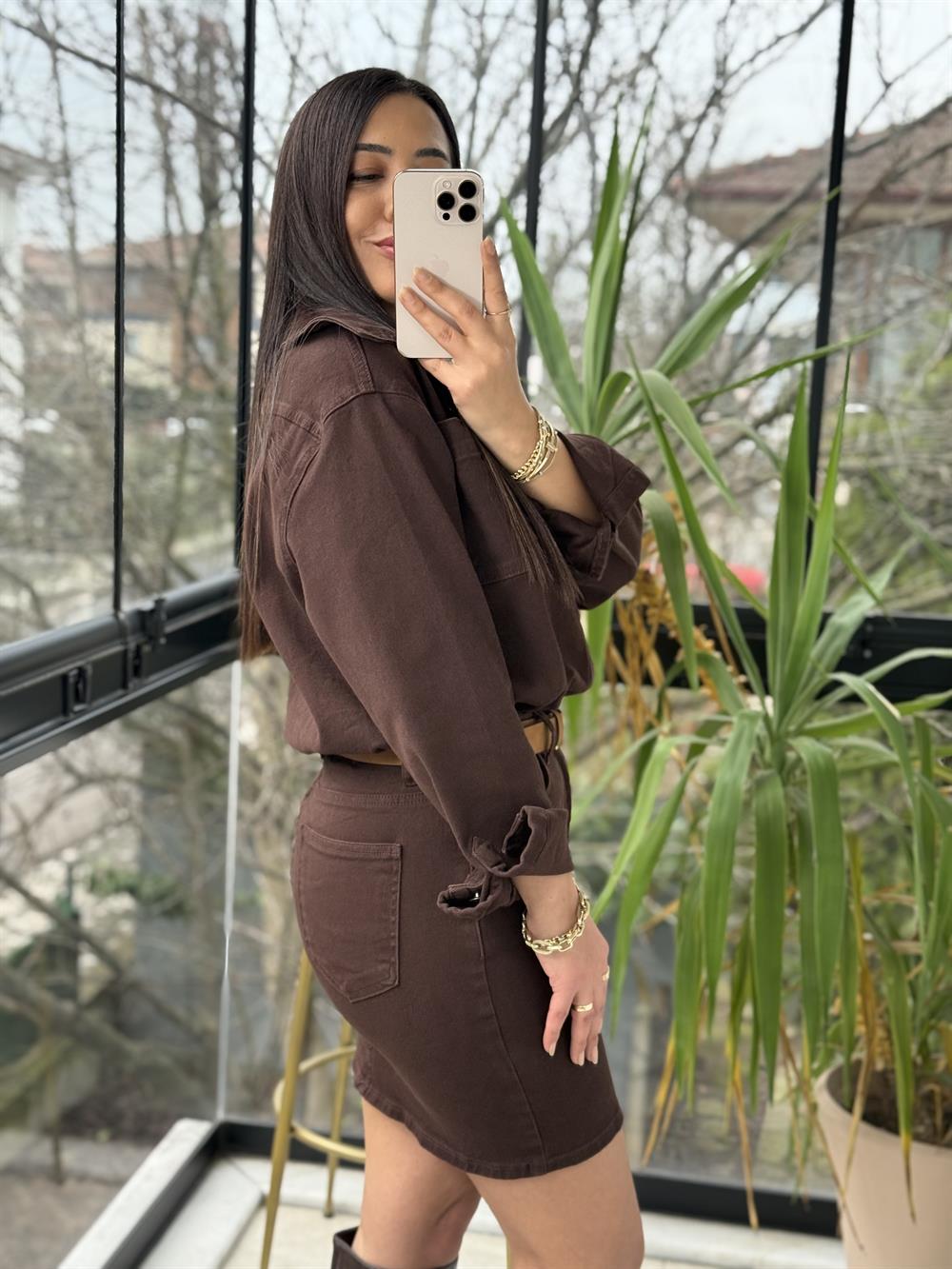 Düğmeli Mini Kot Elbise Kahve