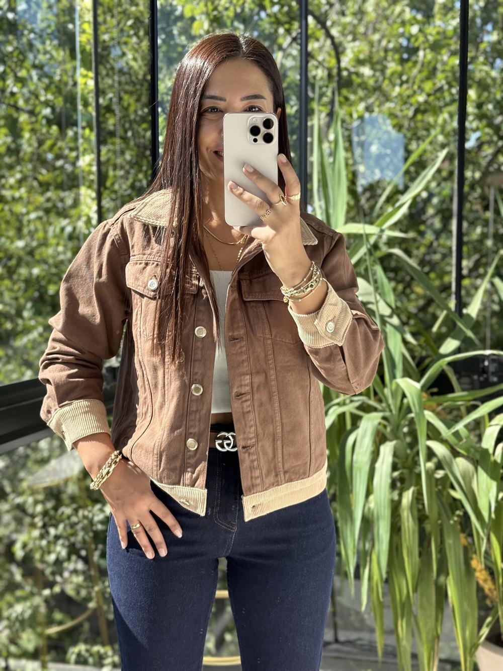 Kadife Detaylı Klasik Kot Ceket Kahve