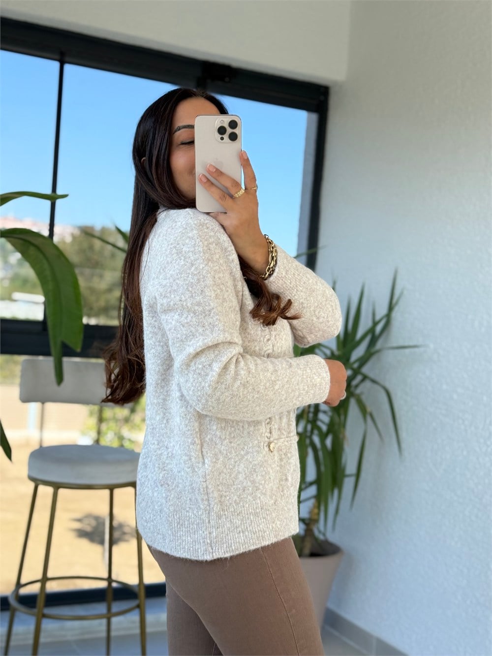 Gümüş Düğmeli Premium Hırka Bej