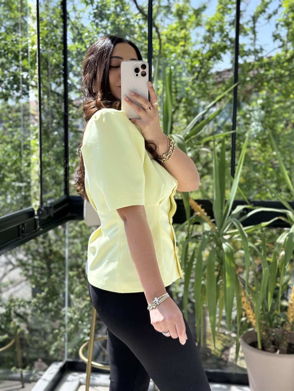 Pileli 3 Düğme Kısa Kol Ceket Sarı