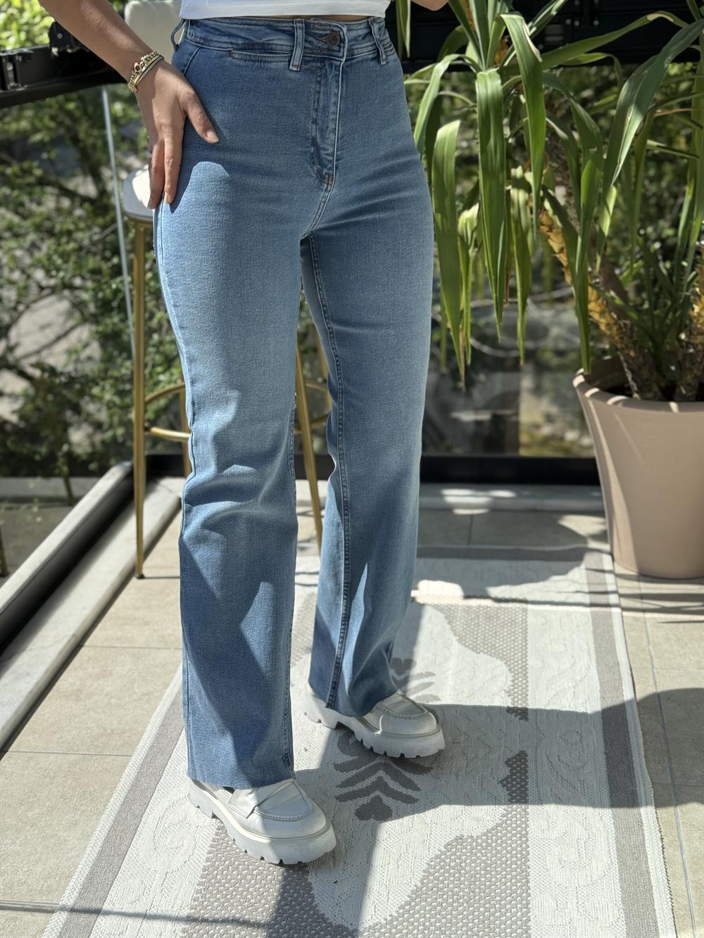 Dekoratif Cep Detaylı Palazzo Kot Pantolon Açık Mavi