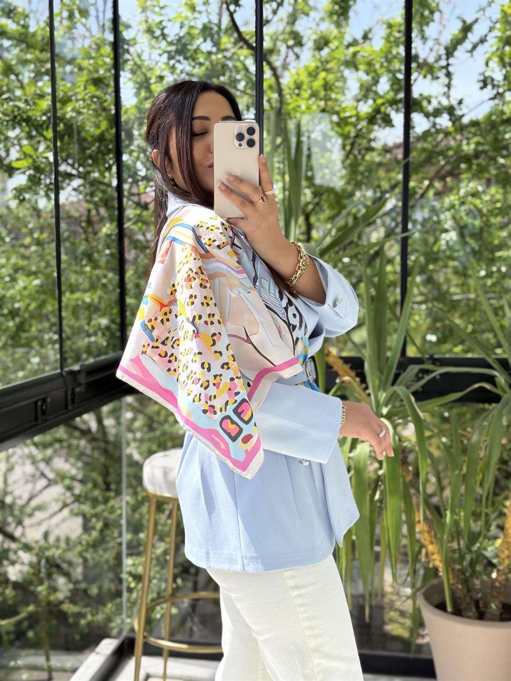 Çift Pileli Şallı Ceket Buz Mavisi