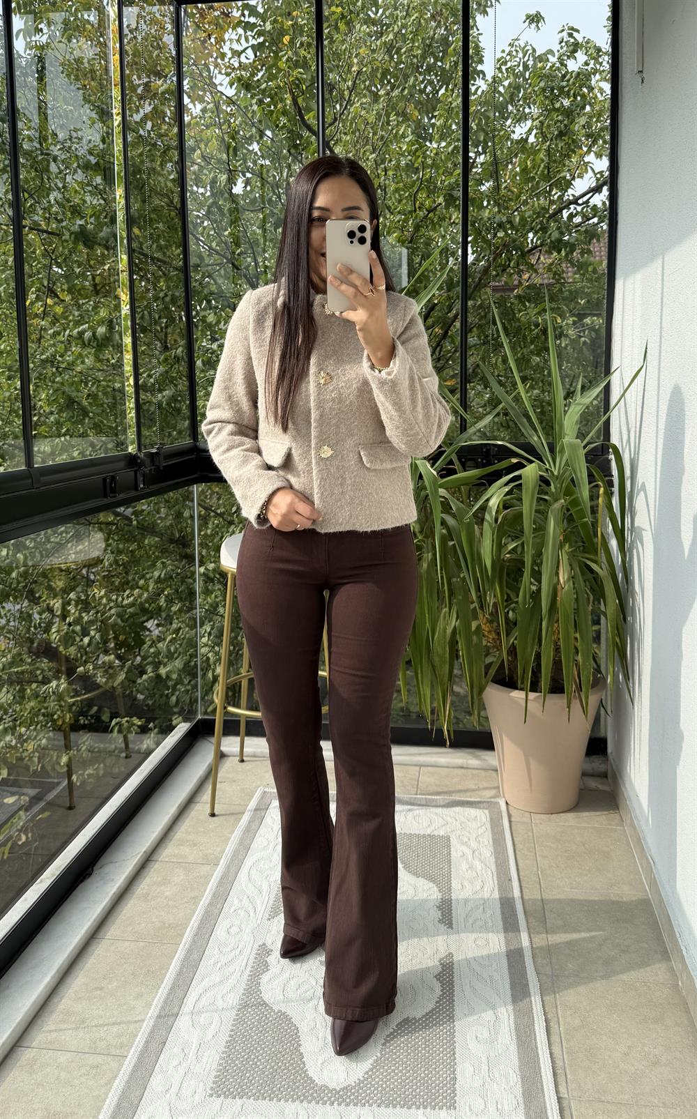 Kısa Gold Düğme Yün Ceket Bej