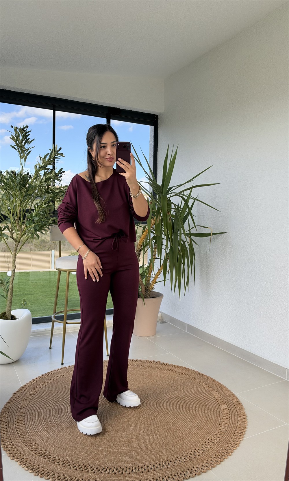 Kayık Yaka Bluzlu Takım Bordo