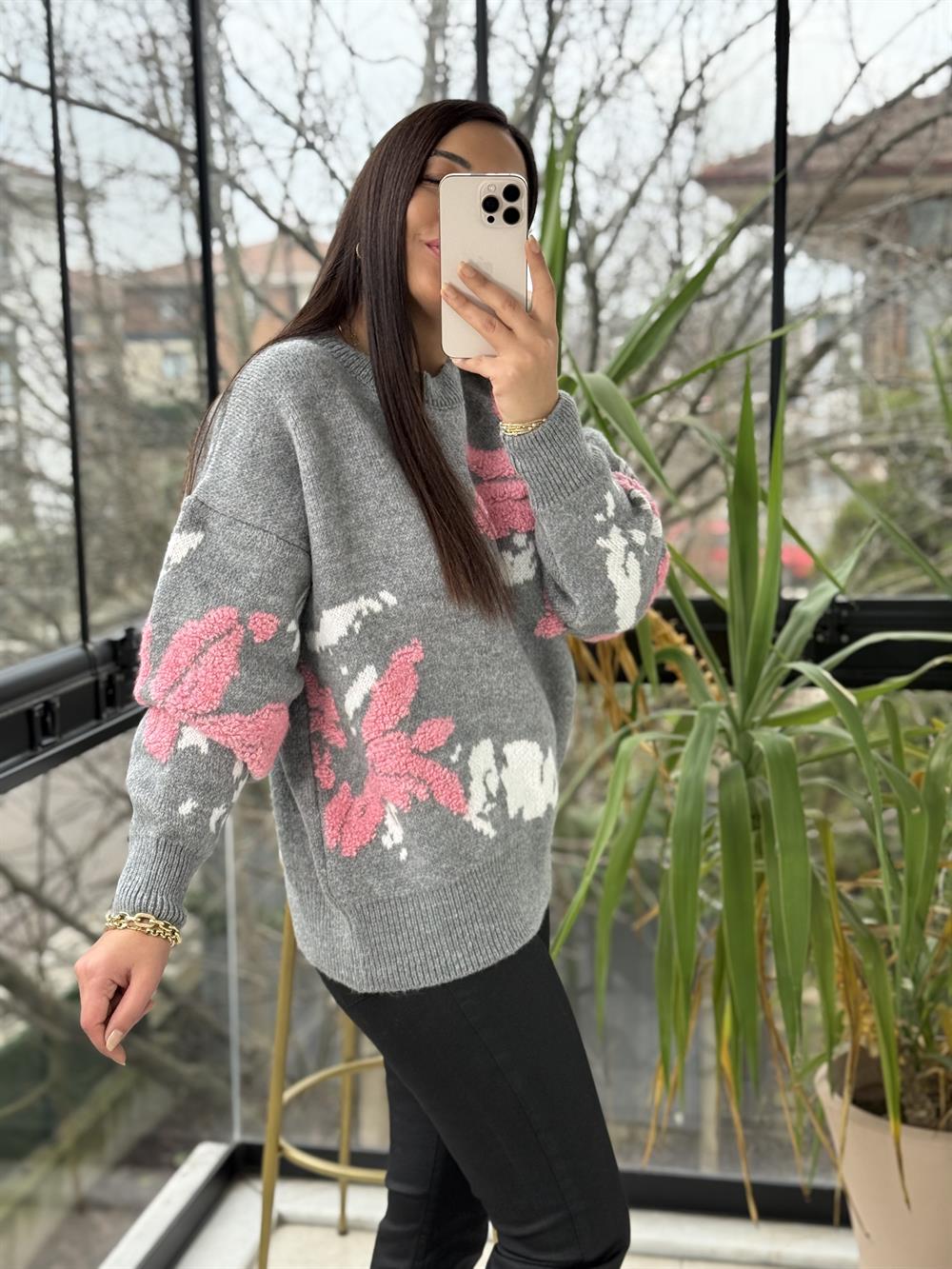 Çiçek Nakışlı Kazak Pembe