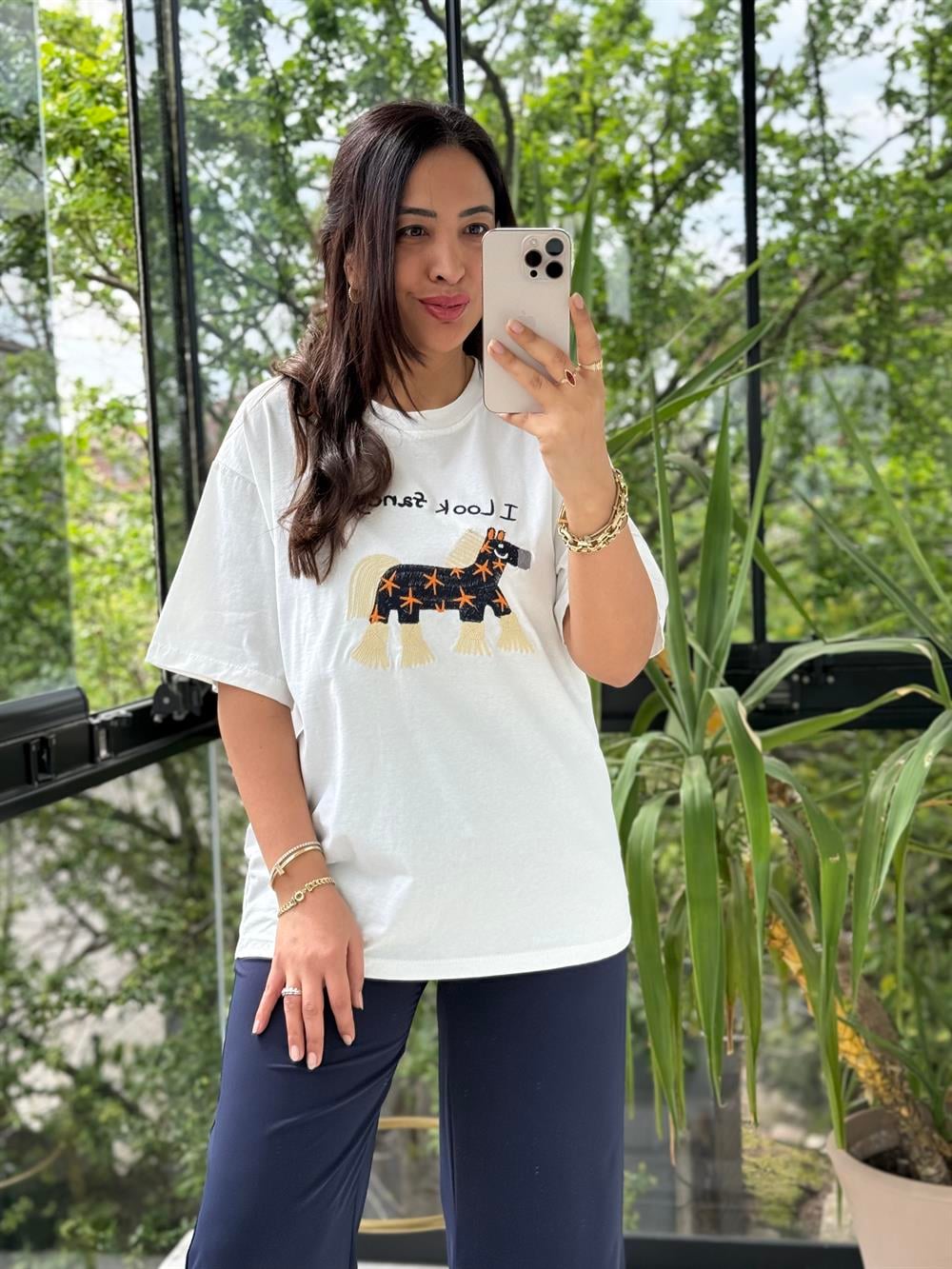 At Nakışlı Pamuklu Tişört Beyaz