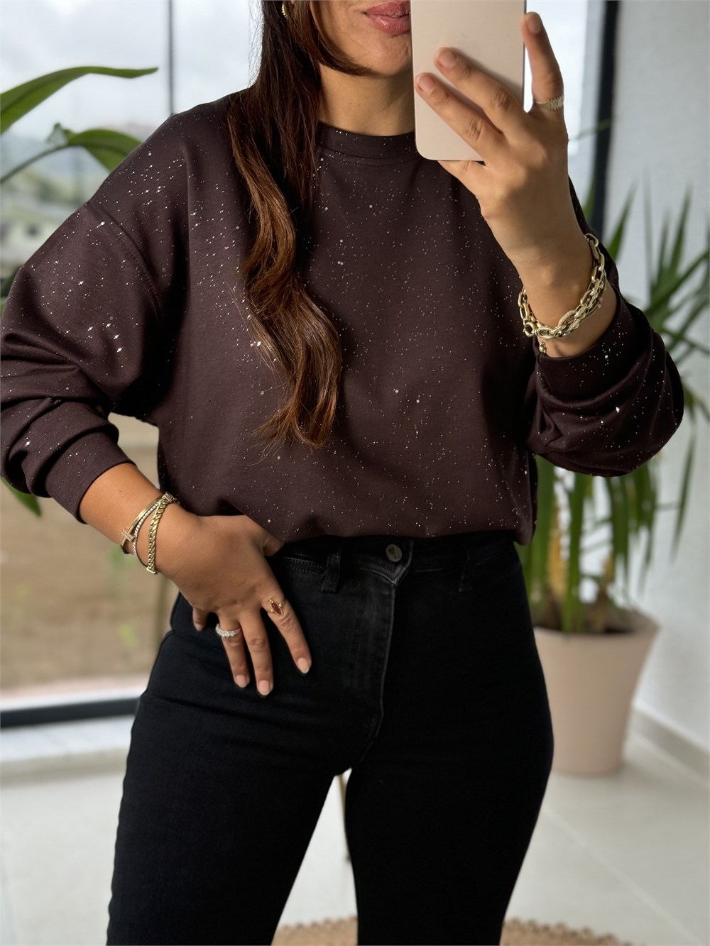 Simli Oysh Sweatshirt Kahve